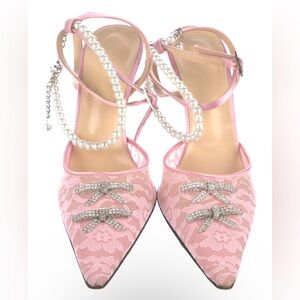 MACH & MACH Pink Lace, Pearl Anklet and Diamanté Bow Heels NWT